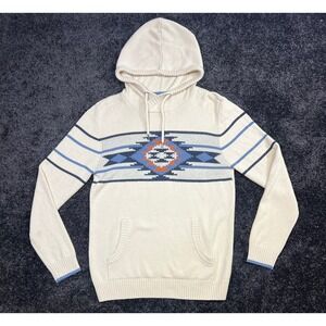Mens Commerce Beige Aztec Knit Hoodie Pullover Sweater Poncho Medium Small Stain